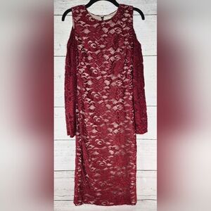 alice + olivia Laila Velvet Lace Cold Shoulder Cocktail Midi Dress In Burgundy